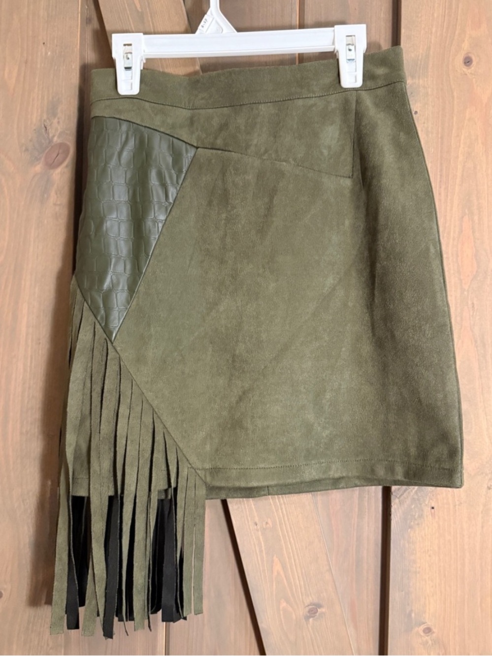 Olive Fringe Suede Mini Skirt